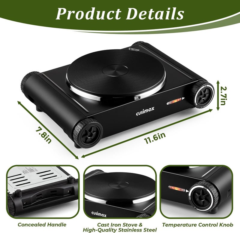 CUSIMAX Hot Plate,1500W Hot Plate Electric with 7.4″Cast Iron Countertop Single Burner,Electric Stove Top Burner for Cooking,Temperature Controls,Black - Image 5